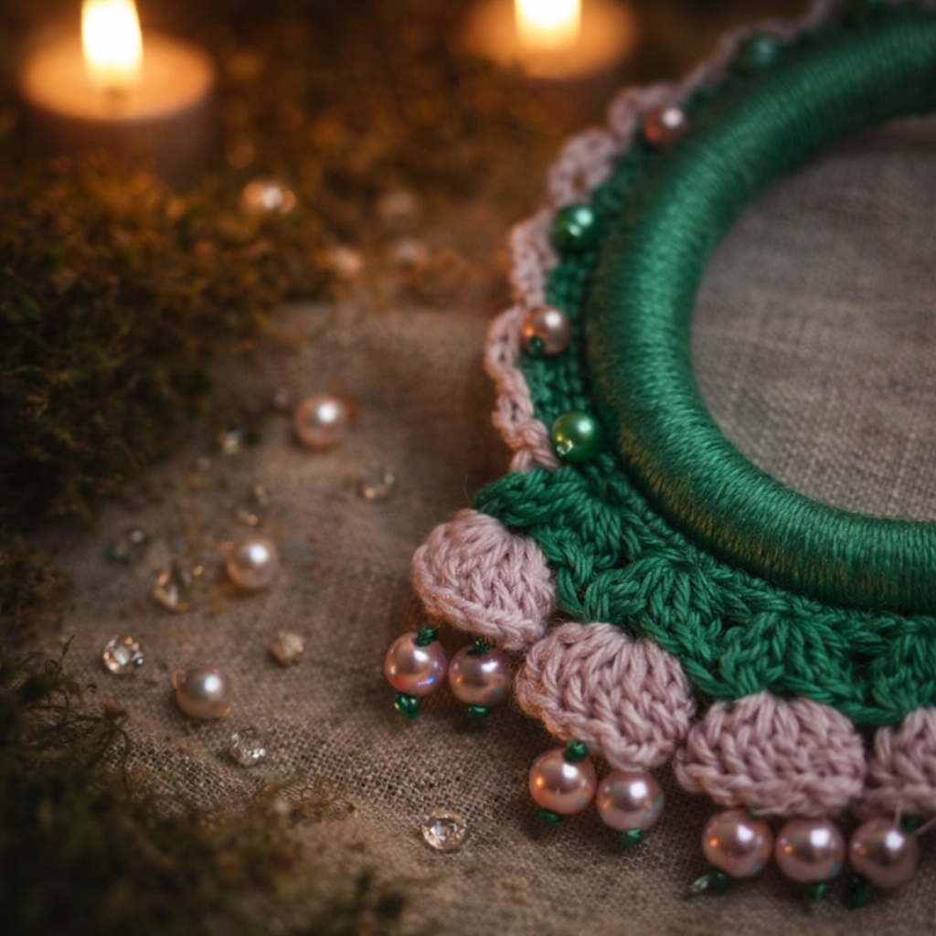 Pale Pink Green Crochet Hair Cuff with Wooden Stick – Romantic Dreadlock Accessory