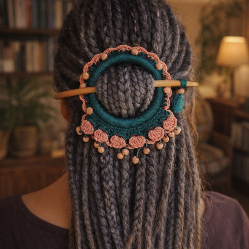Peach Teal Crochet Hair Cuff with Wooden Stick – Soft Boho Dreadlock Accessory