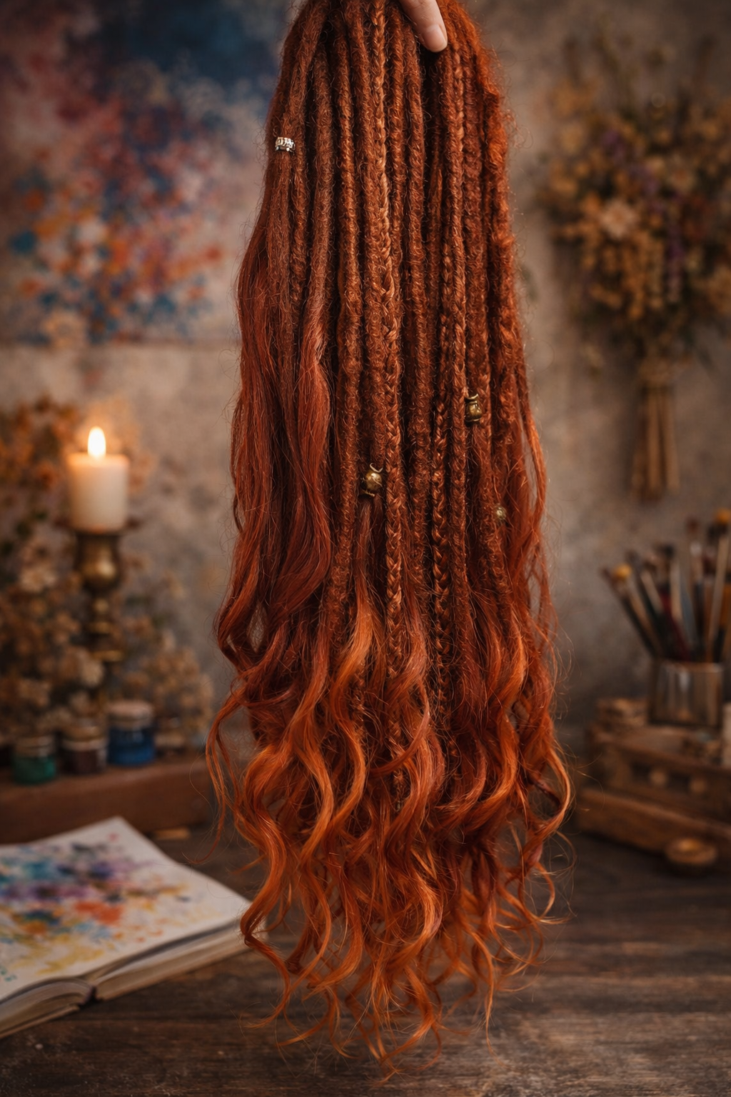 Copper Auburn DE Boho Fake Dreads with Brushable Curls – NOT Orange