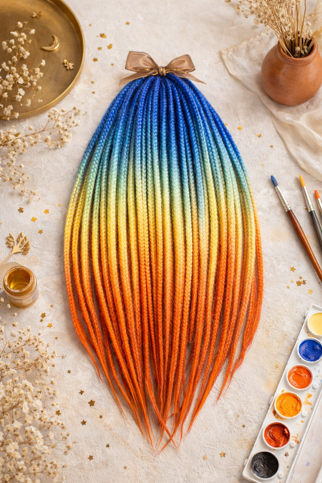 Blaue Orange Ombre Dreadlock Extensions – Boho Fake Dreads, weich & leicht