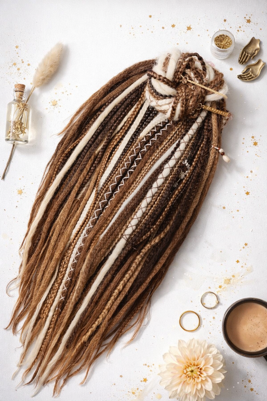 Warme braune, milchige blonde Boho Fake Dreads – Mehrfarbige Double Ended Dreads und Braids