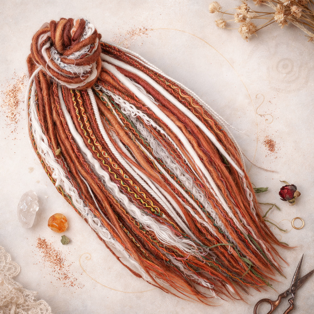Verbranntes Kupfer Auburn Schneewittchen Boho Fake Dreads – Zöpfe und lose Locken Set