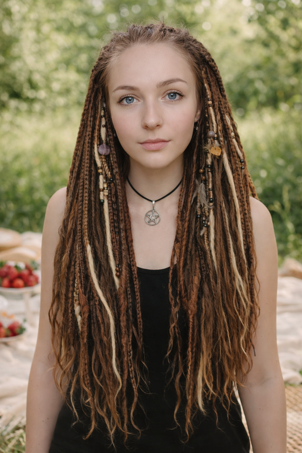 Multi-Tone Brown Blonde Boho Fake Dreads – Dreads and Braids with Feather Accents