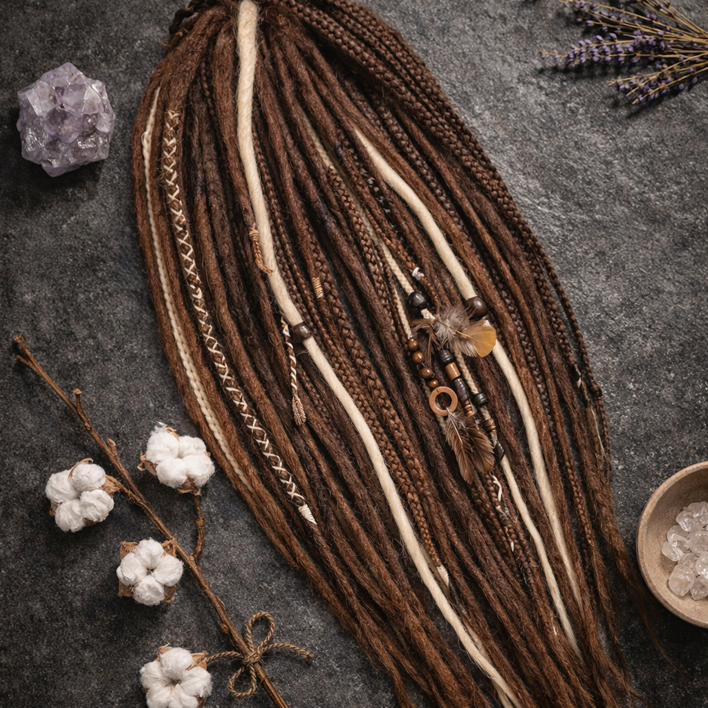 Multi-Tone Brown & Blonde Boho Fake Dreads and Braids – Boho Feather Accent Set