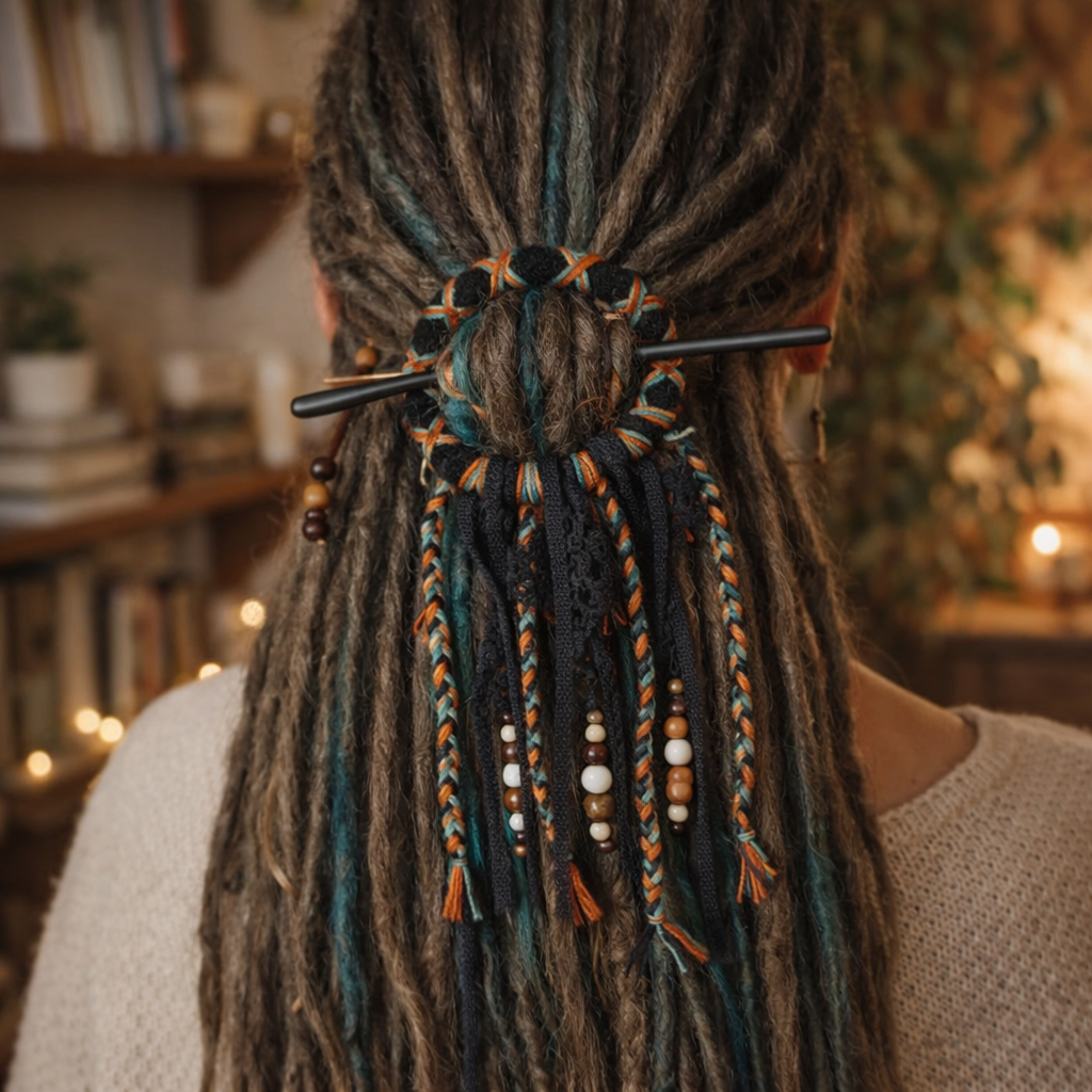 Boho Dreadlock Ring – Handmade Crochet Hair Jewelry with Wooden Stick