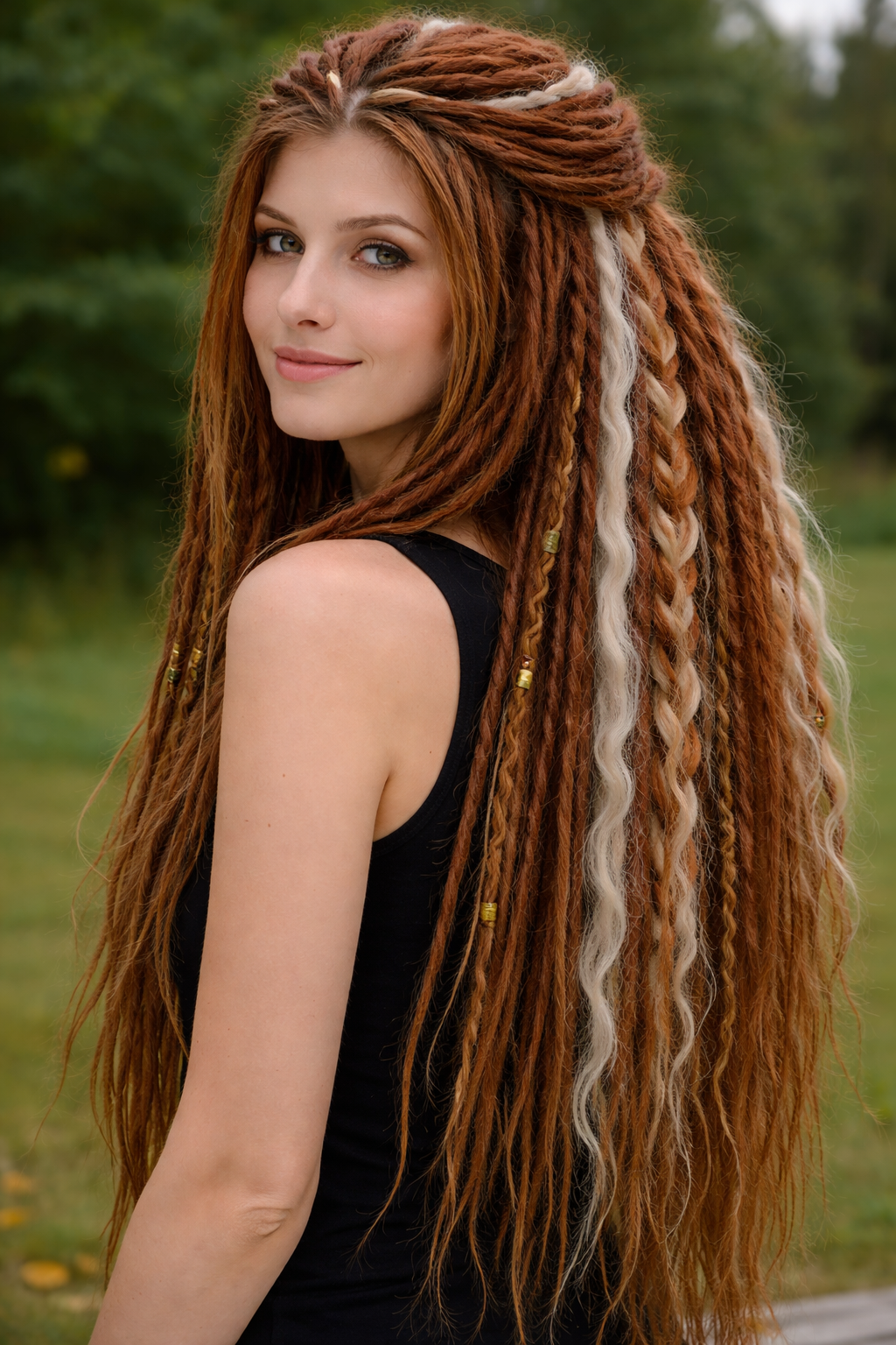 Burnt Copper Auburn Snow White Boho Fake Dreads – Braids and Loose Curls Set