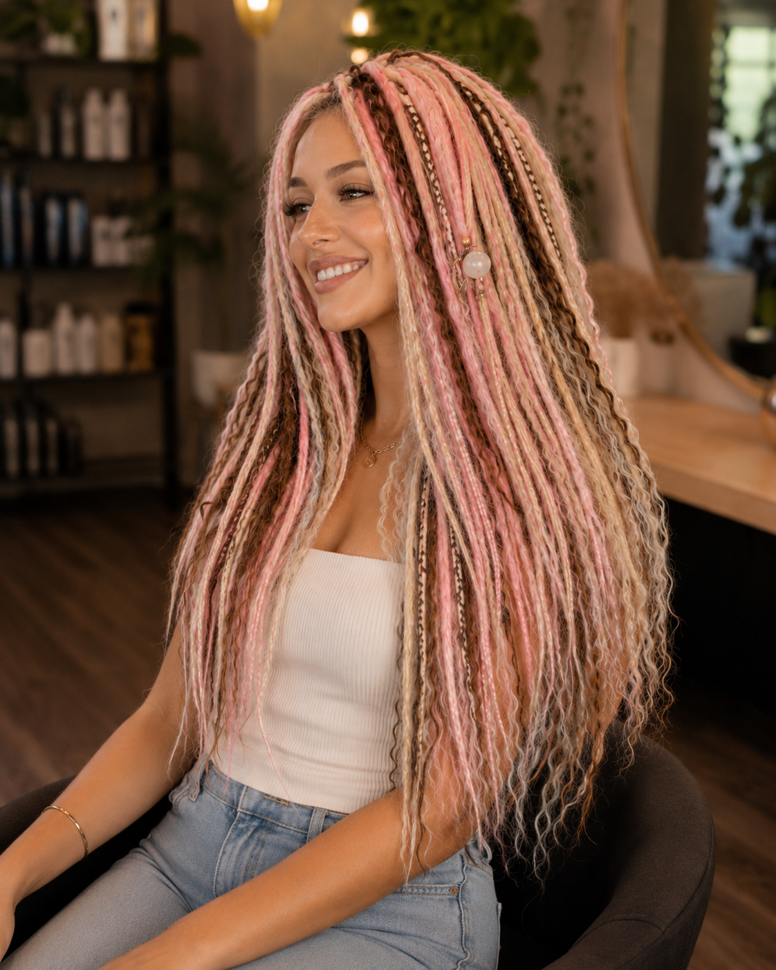 Pink Brown Blonde Boho Dreadlock Extensions with Braids & Loose Curls