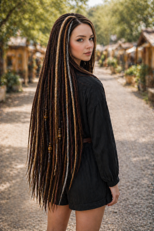 80 cm Dark Brown Blonde Dreadlock Extensions – Boho Synthetic DE Dreads