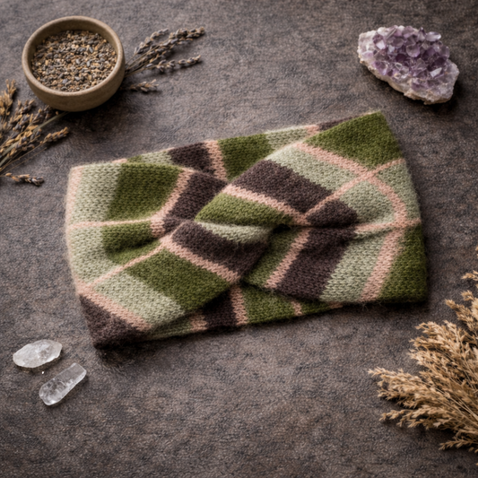 Green Plaid Angora Ear Warmer Headband – Knitted Winter Headband (Handmade)