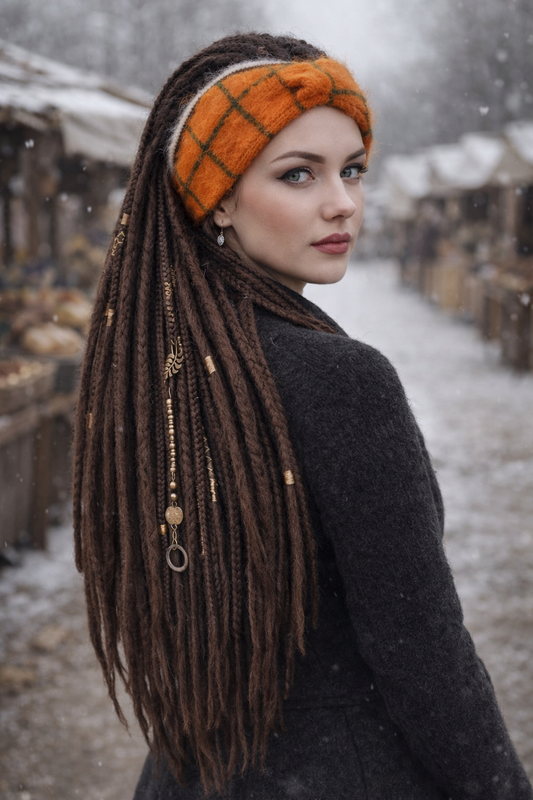 Orange Angora Ear Warmer Headband – Plaid Knit Winter Headband (Handmade)