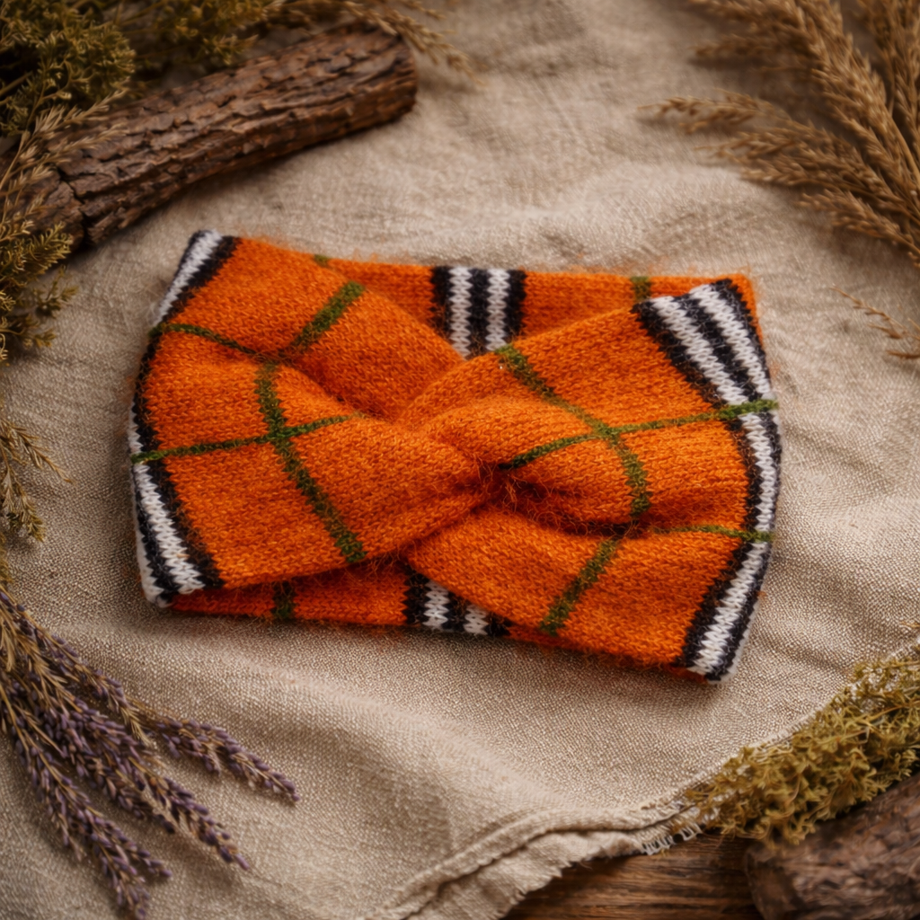 Orange Angora Ear Warmer Headband – Plaid Knit Winter Headband, Handmade