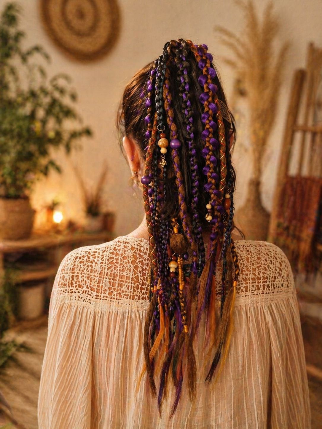 Violetter, orangefarbener, brauner unechter Dread-Pferdeschwanz – Hexen-Halloween-Dread-Bun-Verlängerung
