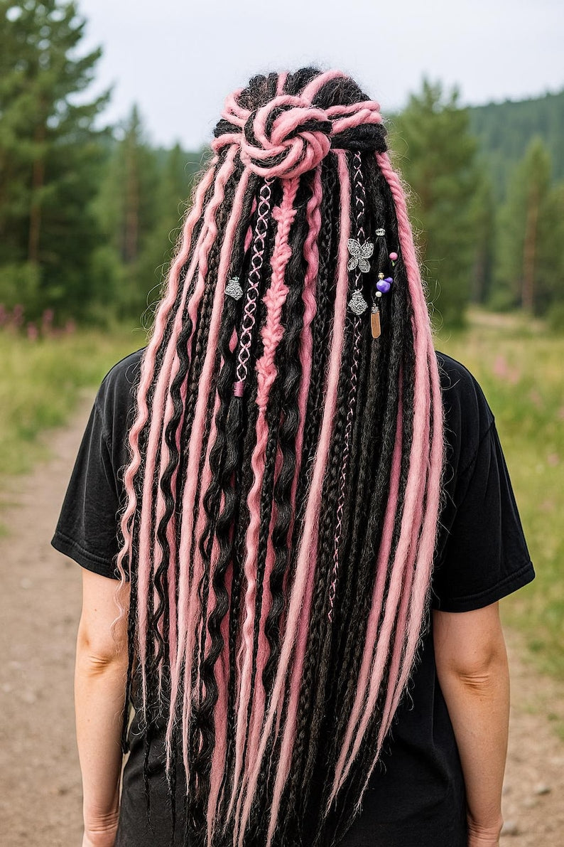 Black & Pink Hidden Base Visible Length Hair Extensions – Dark Romantic Curls with Subtle Dread Accents