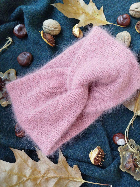 Handmade pale pink Angora Headband: Knitted Winter Ear Warmer