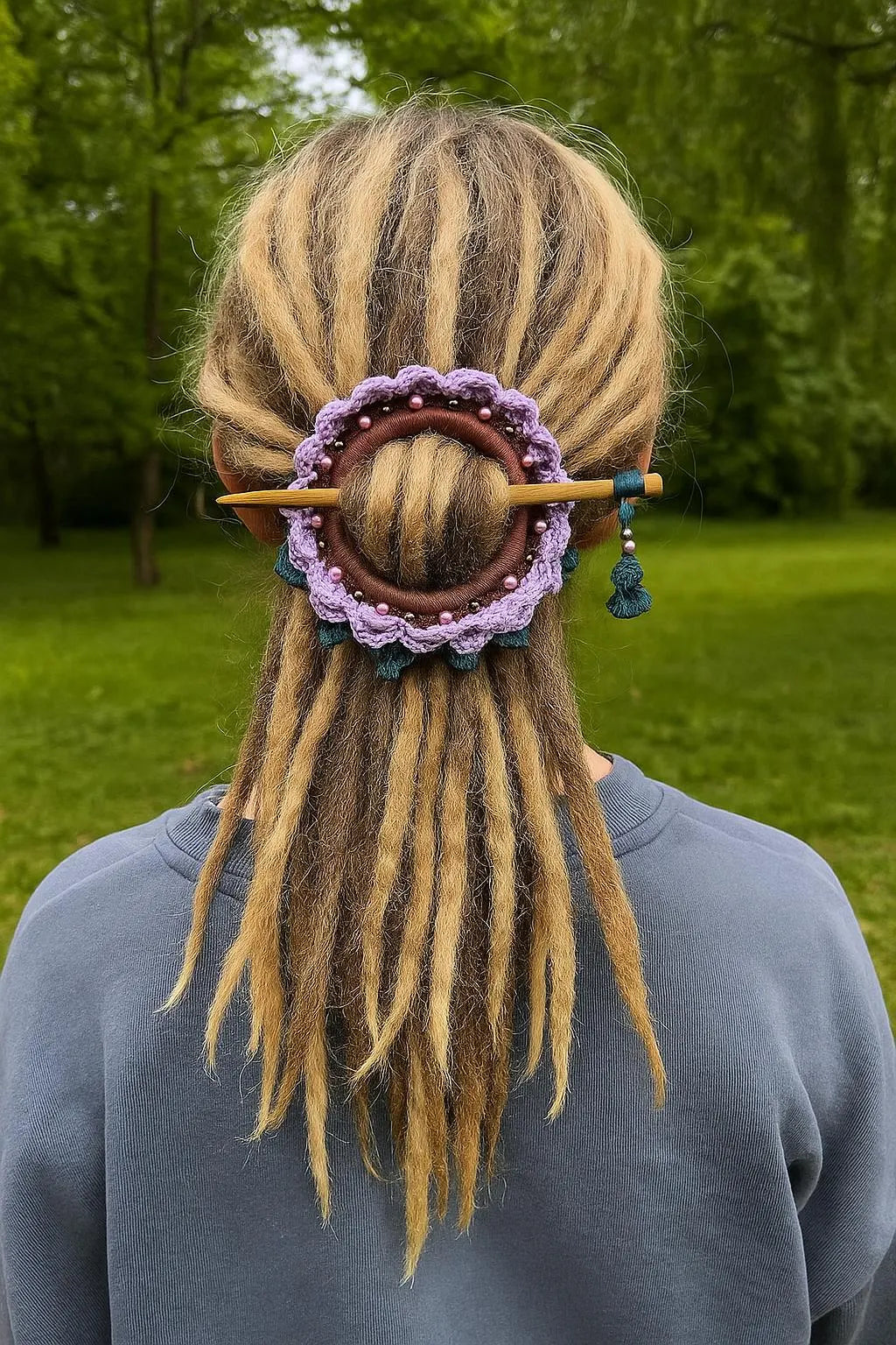 Lavender Crochet Hair Cuff with Wooden Stick – Boho Dreadlock Accessory