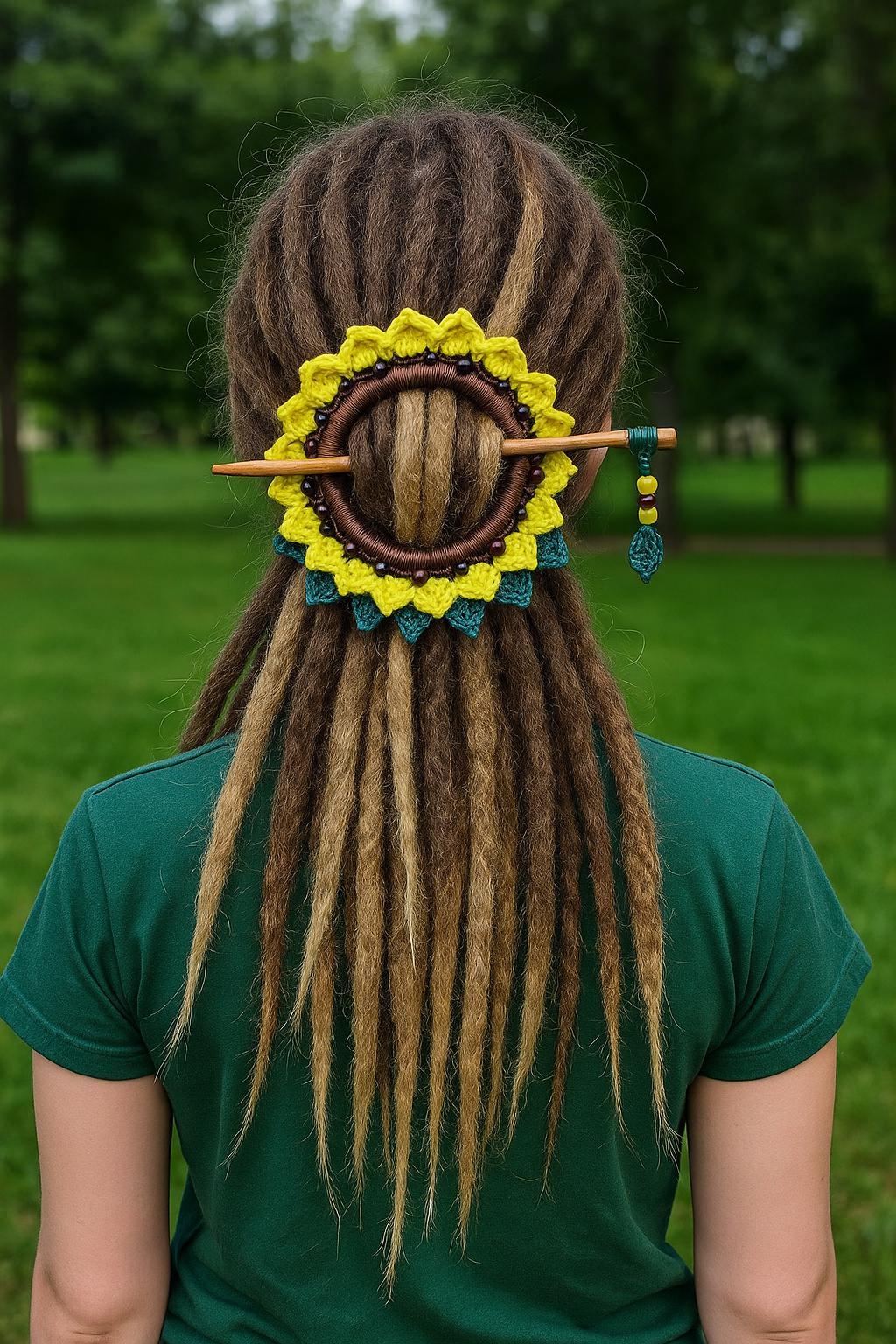 Sunflower Crochet Hair Cuff with Wooden Stick – Boho Dreadlock Accessory