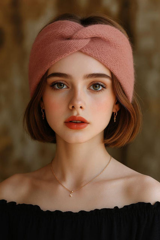 Handmade Dusty Rose Angora Headband: Knitted Winter Ear Warmer