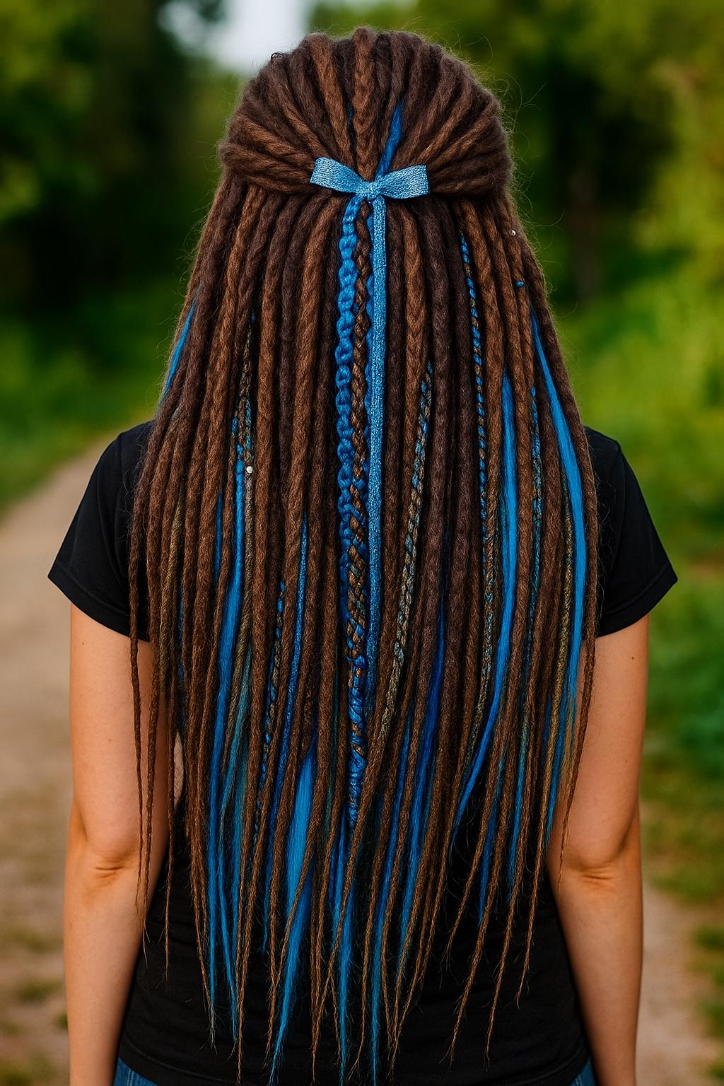 Cool Dark Brown & Ocean Blue Dreads and Braids Mix