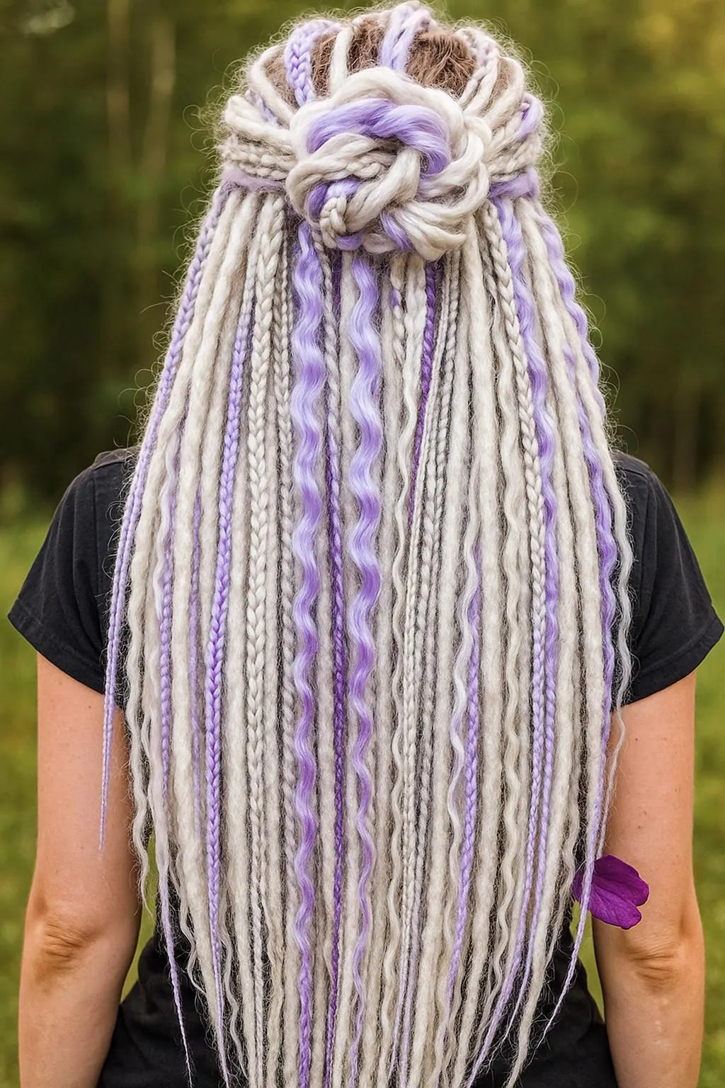 Purple and ash blonde dreadlocks with loose curls close up