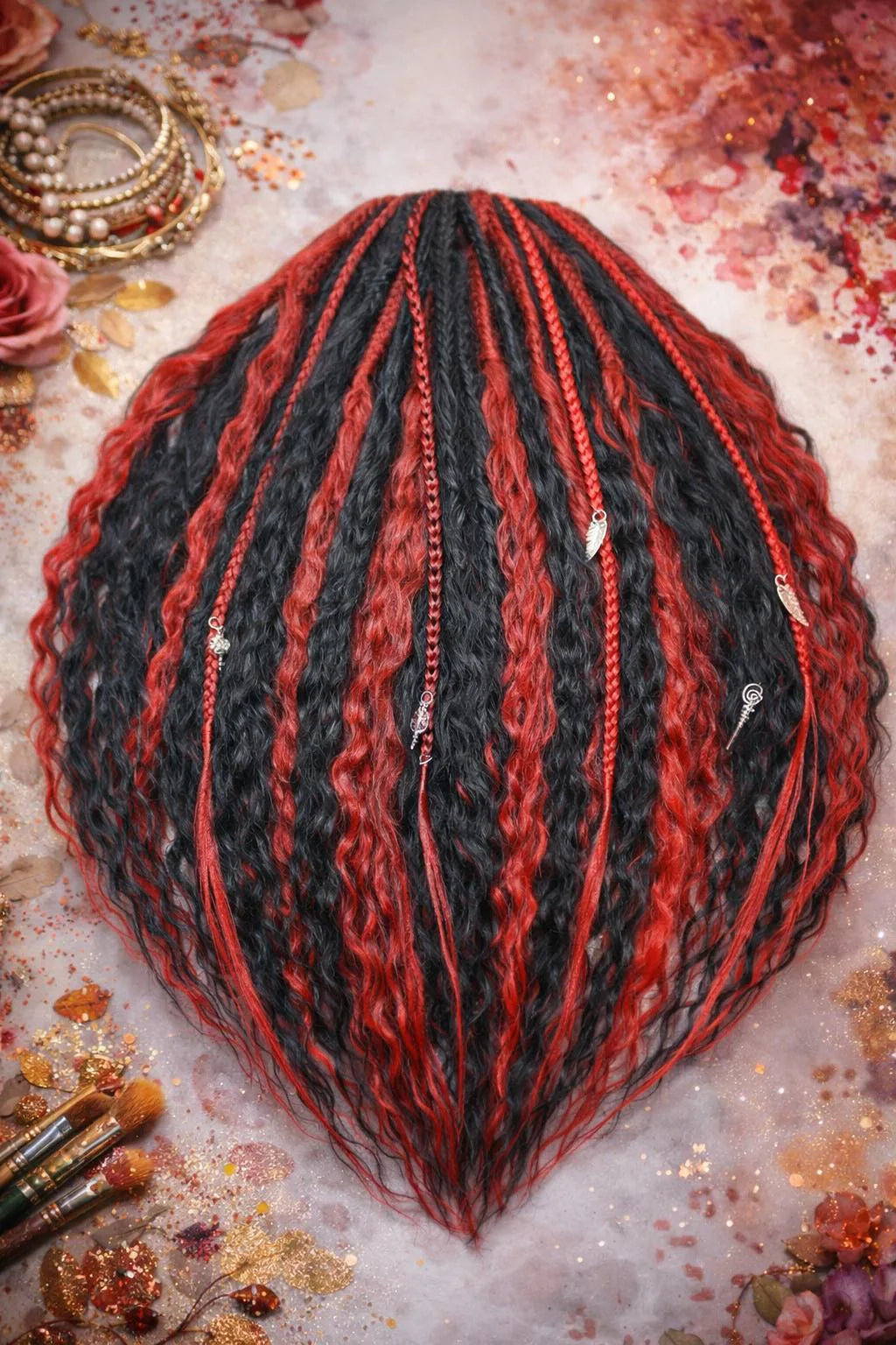 Black Red Hidden Base Hair Extensions – Full Hair Replacement Look, Soft Volume