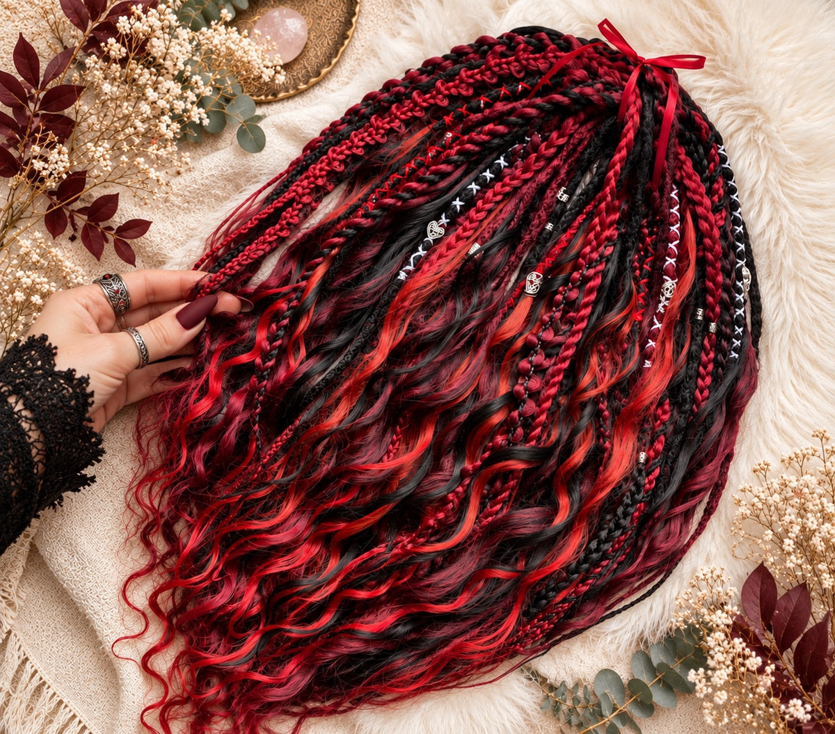 Black red burgundy handmade boho dreadlocks with wavy curls, braids and silver-toned accents – photo 8