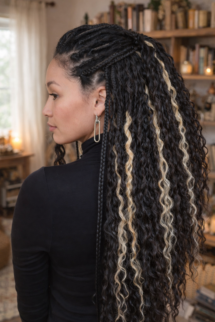 Loose curly dreadlock extensions with highlighted strands