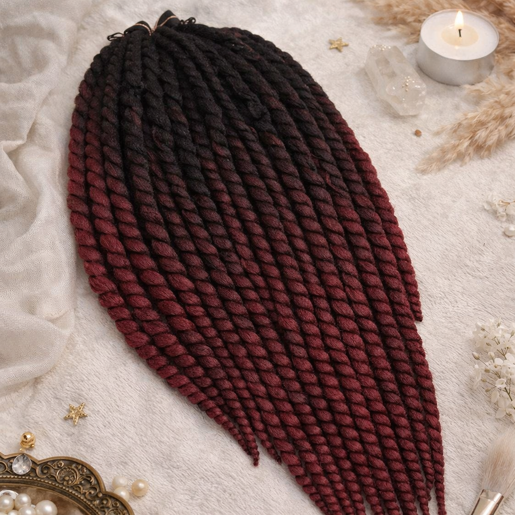 Black Burgundy Ombre Twist Extensions – Havana Twist Mambo, Lightweight Synthetic Twists