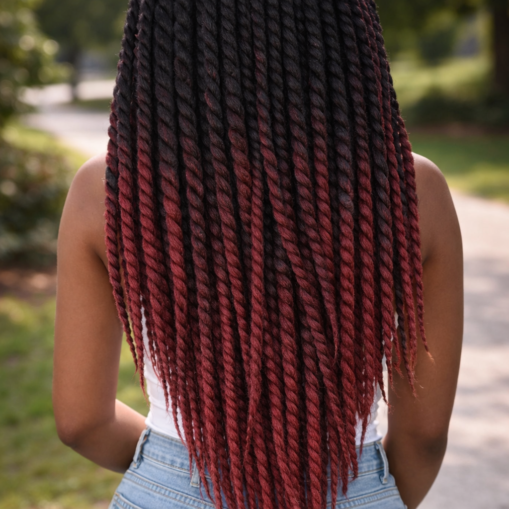 Black Burgundy Ombre Twist Extensions – Havana Twist Mambo, Lightweight Synthetic Twists