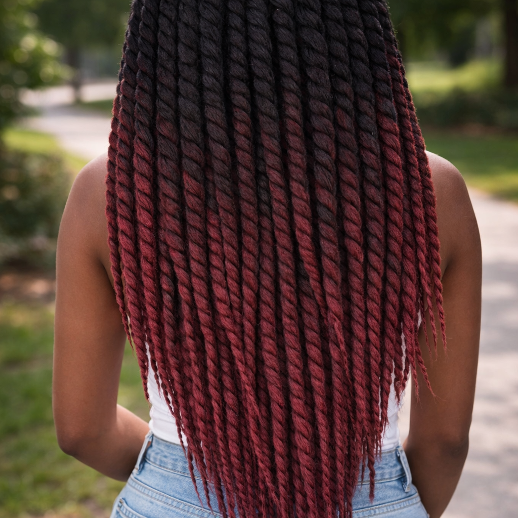 Black Burgundy Ombre Twist Extensions – Havana Twist Mambo, Lightweight Synthetic Twists