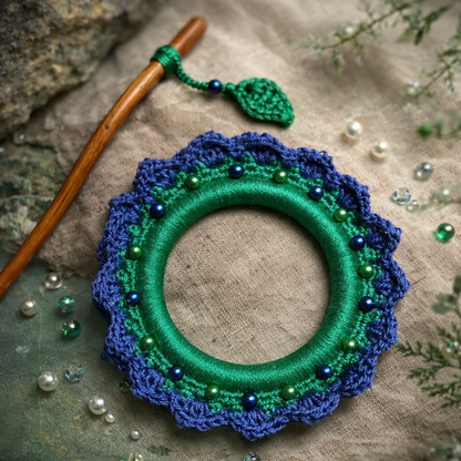 Lavender Blue Green Crochet Hair Cuff with Wooden Stick – Forest Dreadlock Accessory