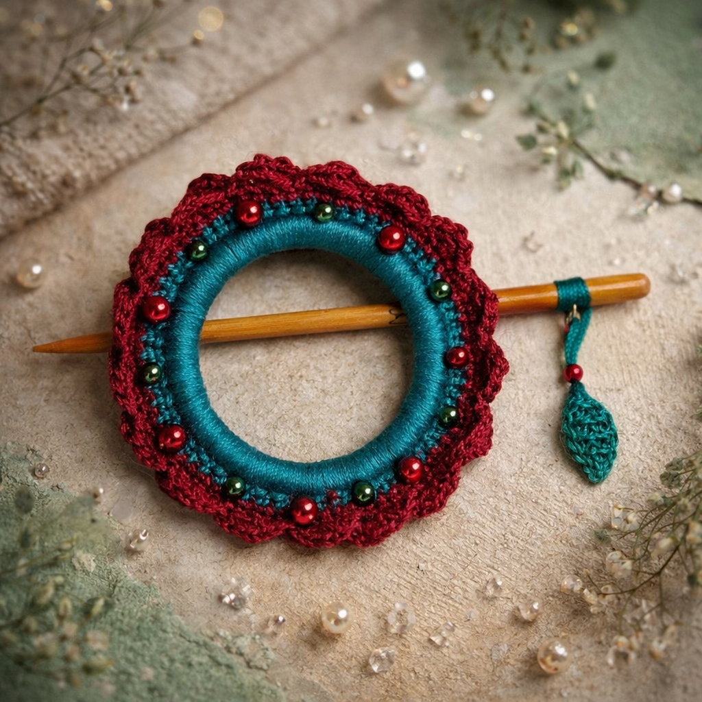 Burgundy Crochet Hair Cuff with Wooden Stick 