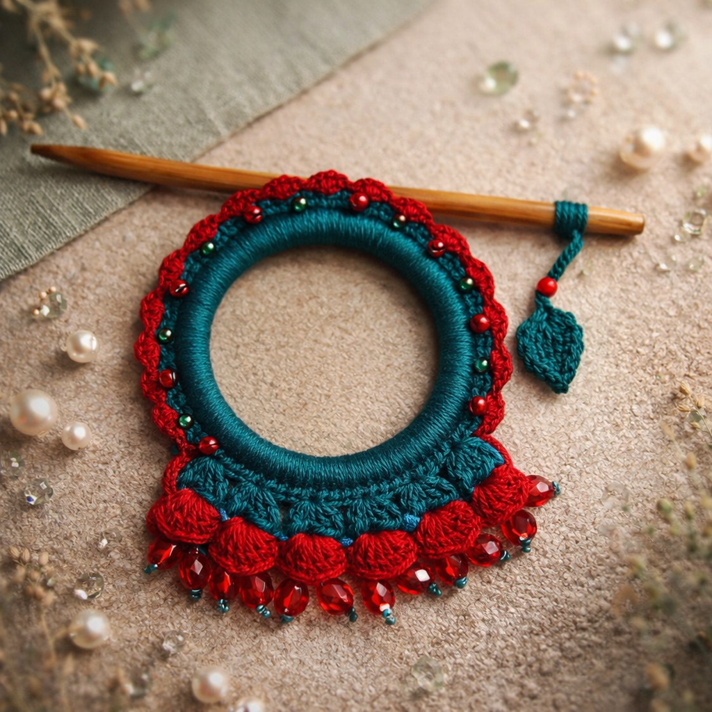 Bright Red Crochet Hair Cuff with Wooden Stick