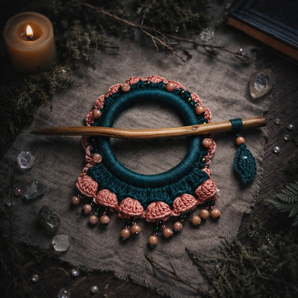 Peach Teal Crochet Hair Cuff with Wooden Stick – Soft Boho Dreadlock Accessory