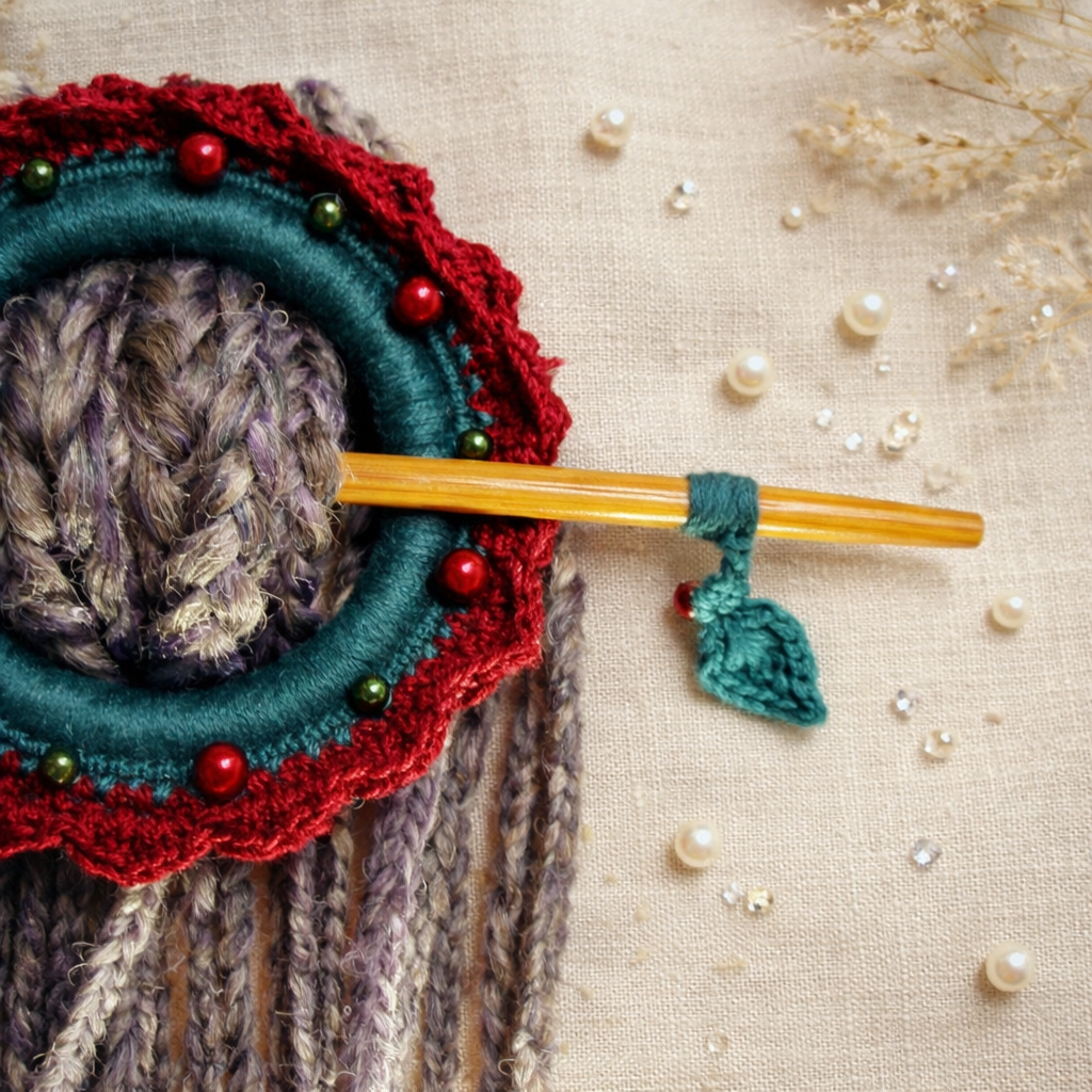 Burgundy Crochet Hair Cuff with Wooden Stick 