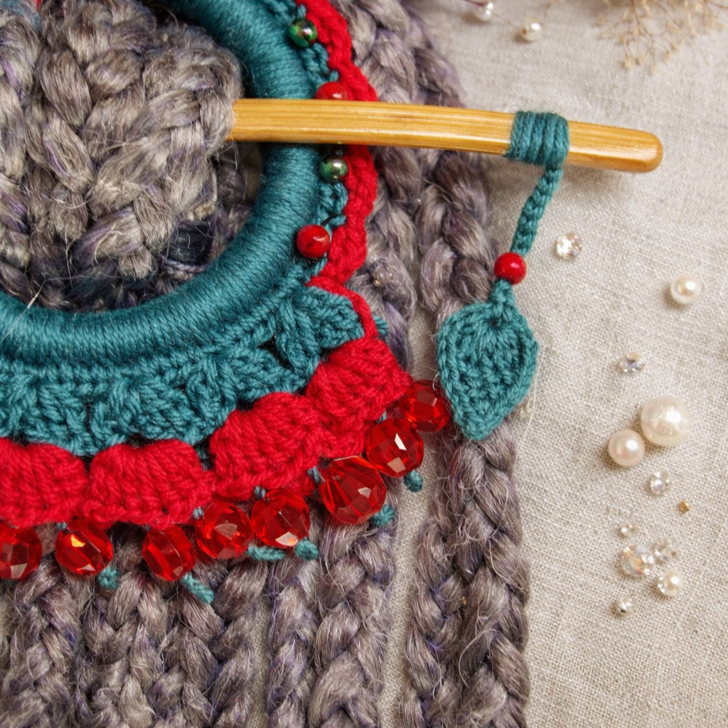 Bright Red Crochet Hair Cuff with Wooden Stick