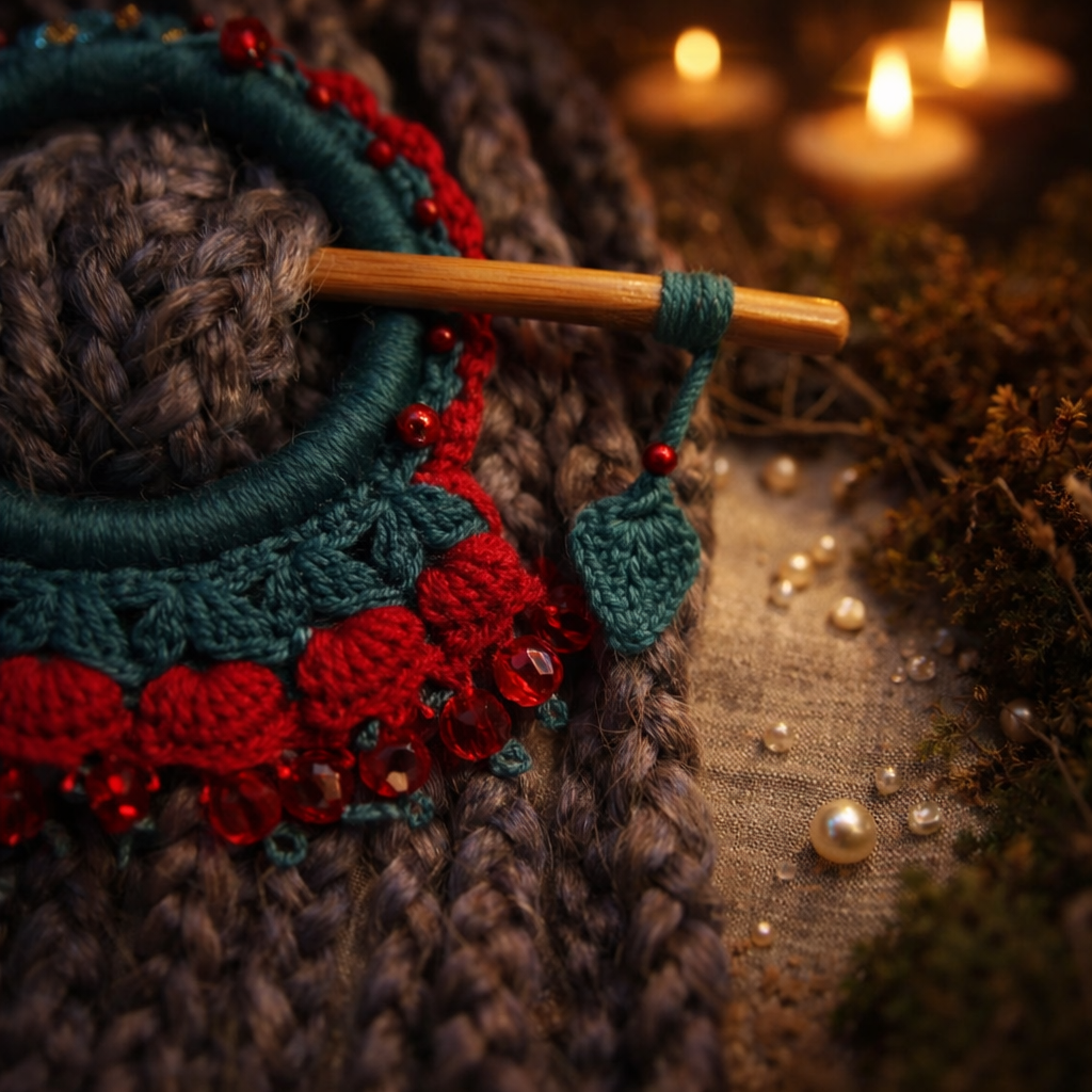 Bright Red Crochet Hair Cuff with Wooden Stick