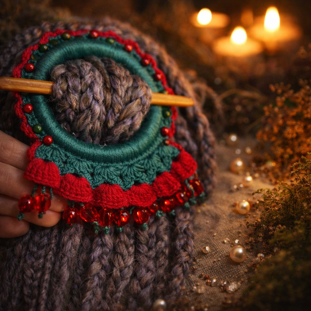 Bright Red Crochet Hair Cuff with Wooden Stick