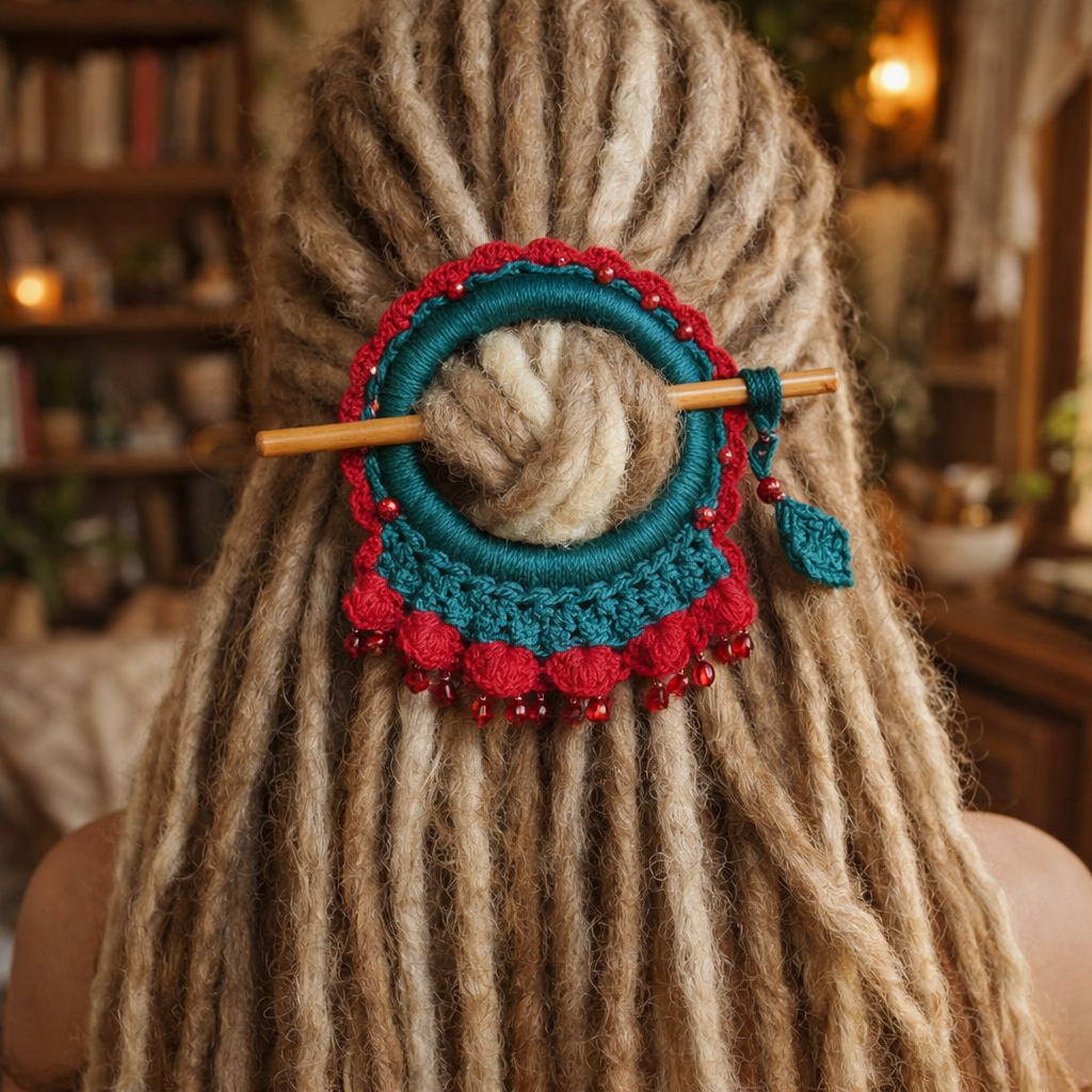 Bright Red Crochet Hair Cuff with Wooden Stick