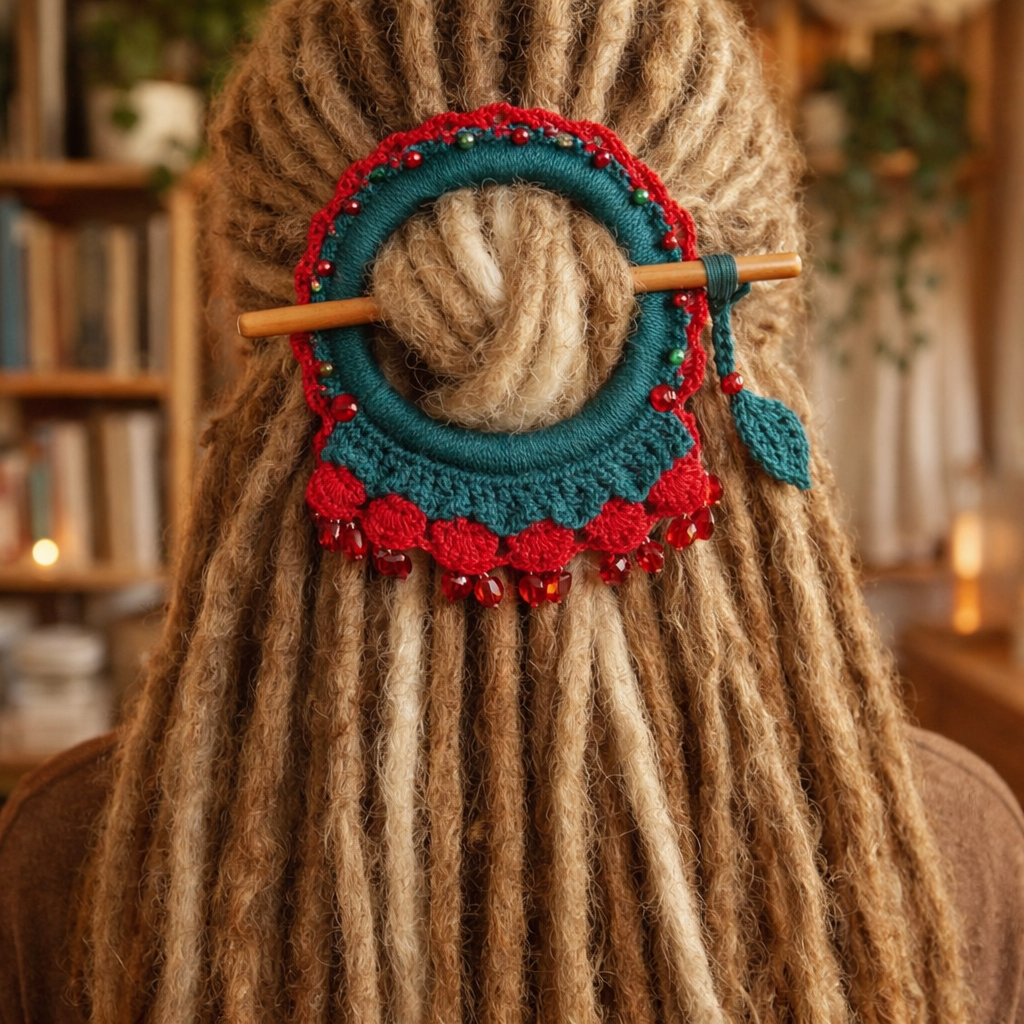 Bright Red Crochet Hair Cuff with Wooden Stick