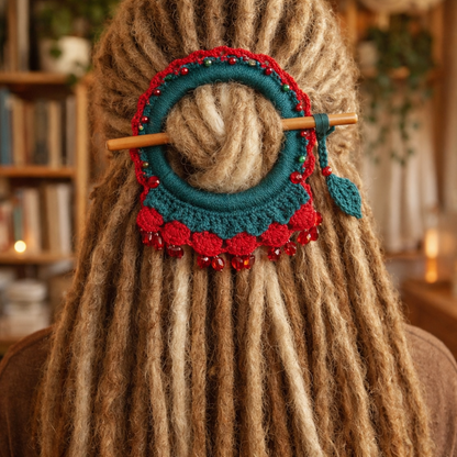Bright Red Crochet Hair Cuff with Wooden Stick