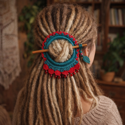 Bright Red Crochet Hair Cuff with Wooden Stick