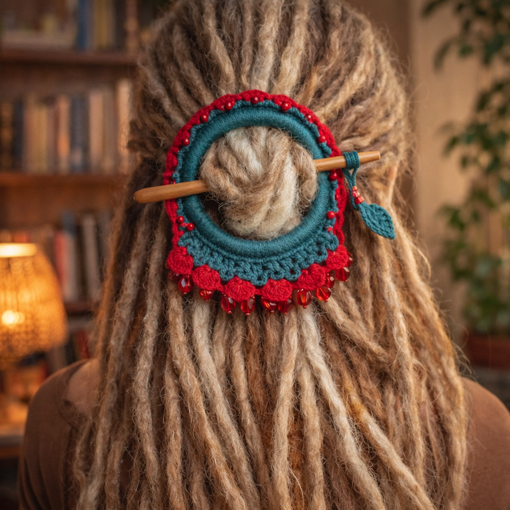 Bright Red Crochet Hair Cuff with Wooden Stick