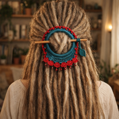 Bright Red Crochet Hair Cuff with Wooden Stick