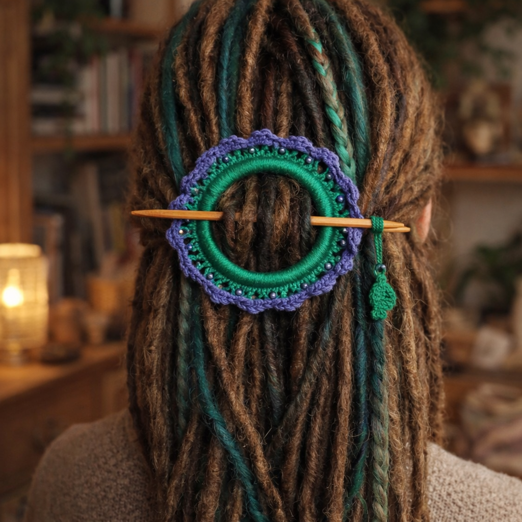 Lavender Blue Green Crochet Hair Cuff with Wooden Stick – Forest Dreadlock Accessory