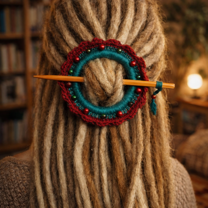 Burgundy Crochet Hair Cuff with Wooden Stick 