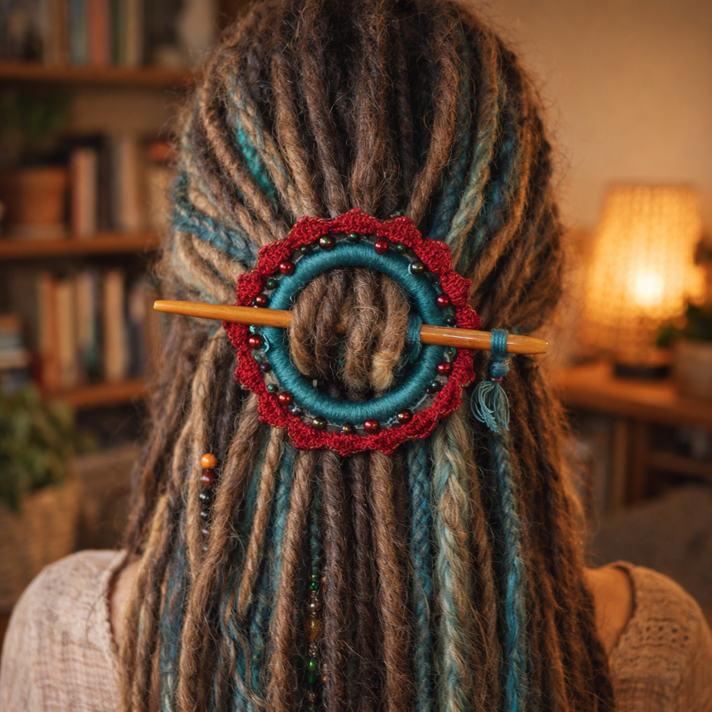 Burgundy Crochet Hair Cuff with Wooden Stick 