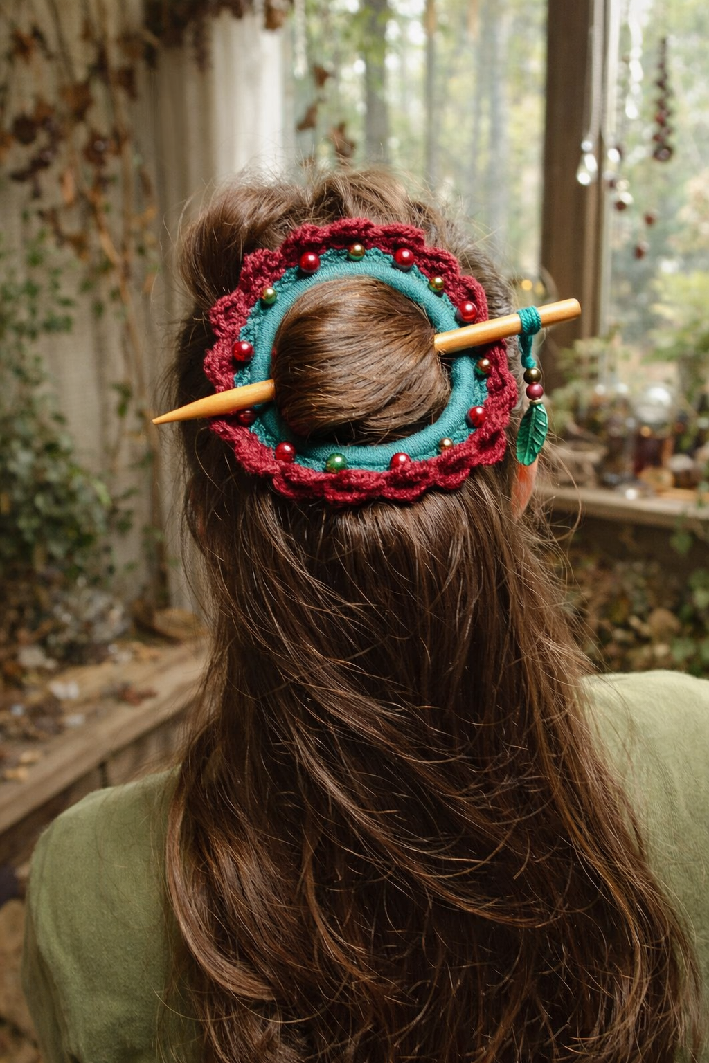 Burgundy Crochet Hair Cuff with Wooden Stick 