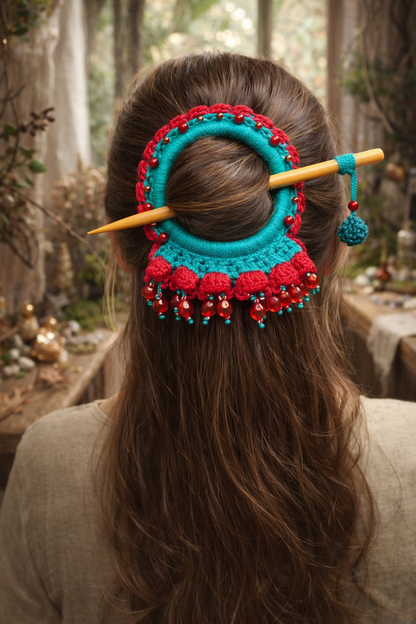 Bright Red Crochet Hair Cuff with Wooden Stick