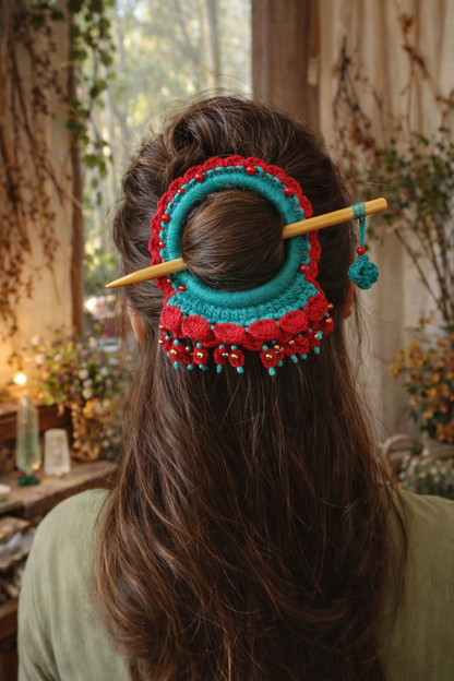 Bright Red Crochet Hair Cuff with Wooden Stick