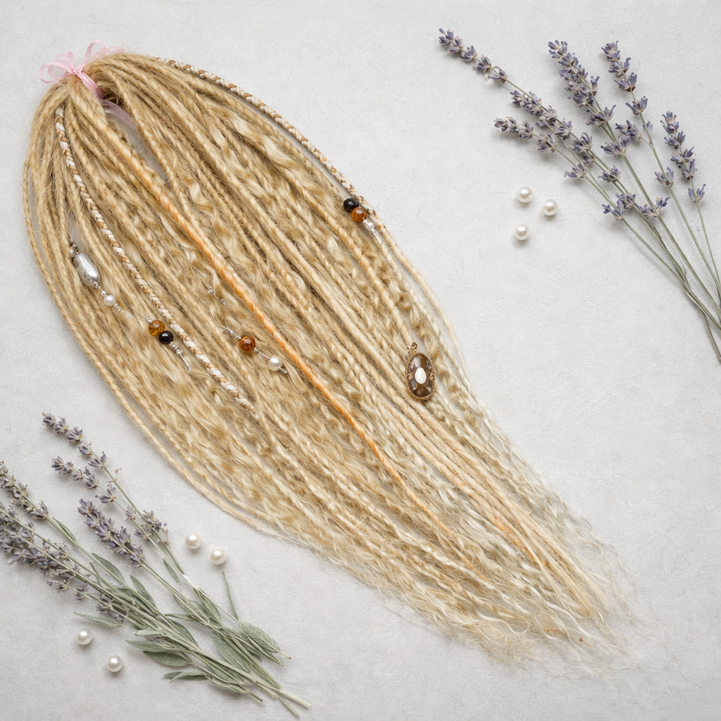 Honey blonde double ended synthetic dreadlocks with loose curls